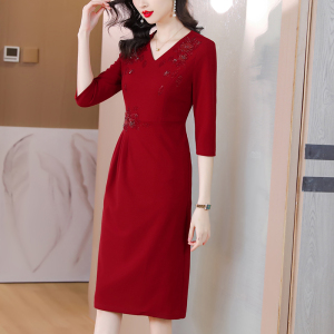 RM5160#婚宴妈妈礼服红色旗袍女春秋喜婆婆婚礼服平时可穿轻奢气质连衣裙