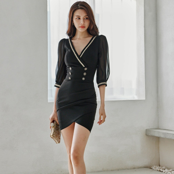 RM5181#春夏新款韩版时尚气质优雅显瘦性感雪纺袖v领包臀打底连衣裙