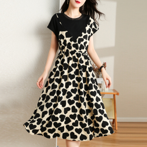 RM5329#假两件拼接雪纺连衣裙夏季短袖女装宽松显瘦小个子爱心背带裙