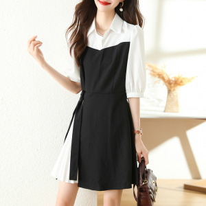 RM5330#小个子时髦撞色衬衫连衣裙2023夏季新款港味复古小众别致裙子