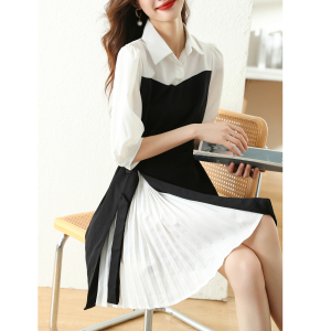 RM5330#小个子时髦撞色衬衫连衣裙2023夏季新款港味复古小众别致裙子