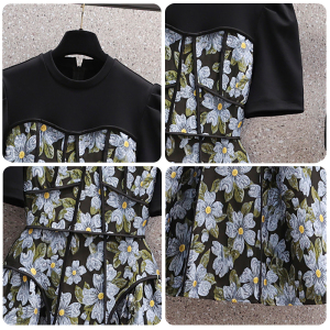 RM12154#大码女装2023夏季新款胖妹妹法式复古刺绣高级拼接显瘦连衣裙