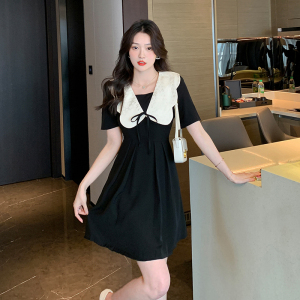 RM12679#夏季法式赫本风蝴蝶结连衣裙短款泡泡袖娃娃领小黑裙