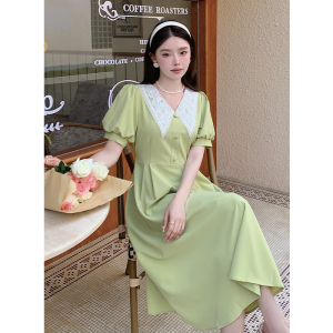 RM10758#夏季新款法式Chic小众蕾丝拼接V领公主袖系带连衣裙