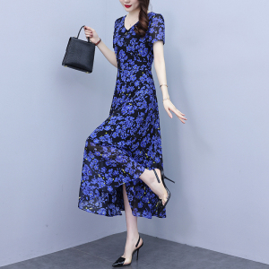 RM20799#蓝色雪纺碎花连衣裙2023新款女夏季小个子长裙高级感气质裙子