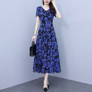 RM20799#蓝色雪纺碎花连衣裙2023新款女夏季小个子长裙高级感气质裙子
