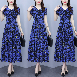 RM20799#蓝色雪纺碎花连衣裙2023新款女夏季小个子长裙高级感气质裙子