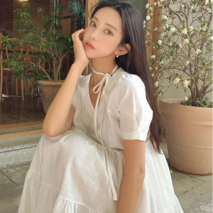 TR19029# 韩风夏季新款韩版仙气收腰短袖连衣裙女