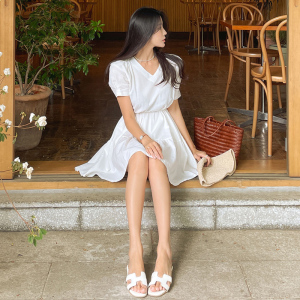 TR19029# 韩风夏季新款韩版仙气收腰短袖连衣裙女