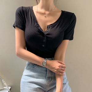 TR18995# 韩风夏季新款韩版系扣修身短袖T恤女打底衫