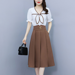 TR24715# 大码女装法式赫本风时尚套装女新款短袖上衣半身裙两件套
