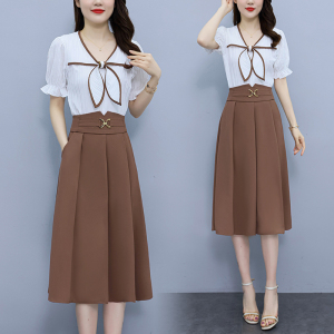 TR24715# 大码女装法式赫本风时尚套装女新款短袖上衣半身裙两件套