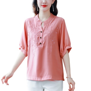 RM14479#夏季新款文艺风气质V领套头重工刺绣透气棉麻小衫女
