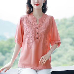 RM14479#夏季新款文艺风气质V领套头重工刺绣透气棉麻小衫女