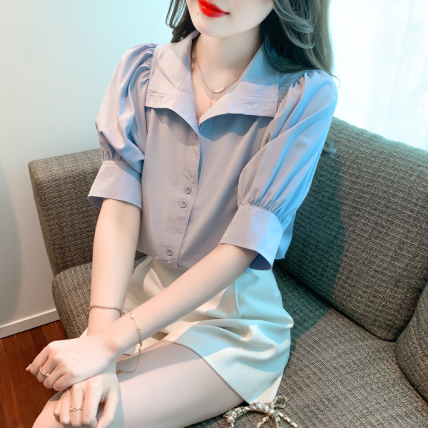 RM5246#夏季新款法式泡泡袖雪纺衫衬衫气质显瘦短袖上衣小衫女