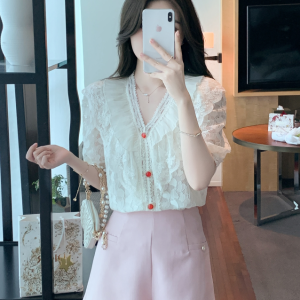 RM5247#夏季新款V领花边重工蕾丝衫雪纺衫超仙洋气短袖上衣女