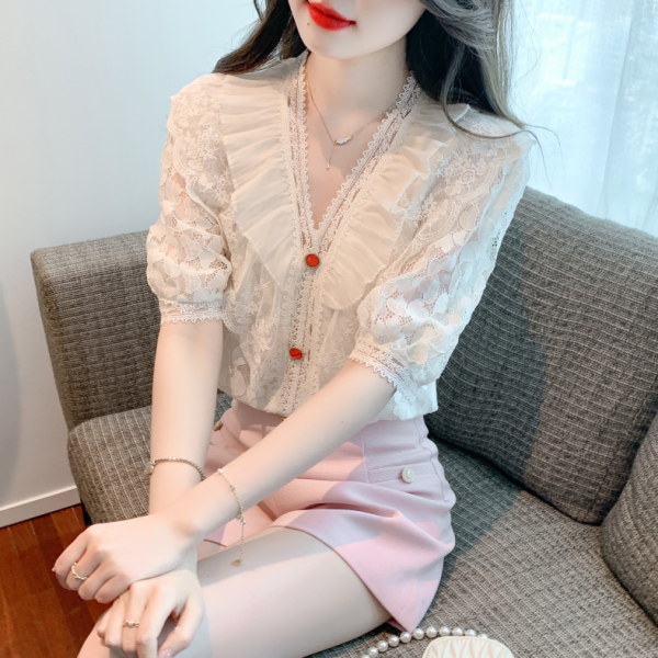 RM5247#夏季新款V领花边重工蕾丝衫雪纺衫超仙洋气短袖上衣女