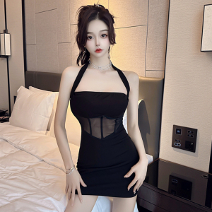 Live Shooting Female Anchor Spicy Girl High Grade Black Sexy Mesh Splice Tight Hanging Neck Strap Dress
