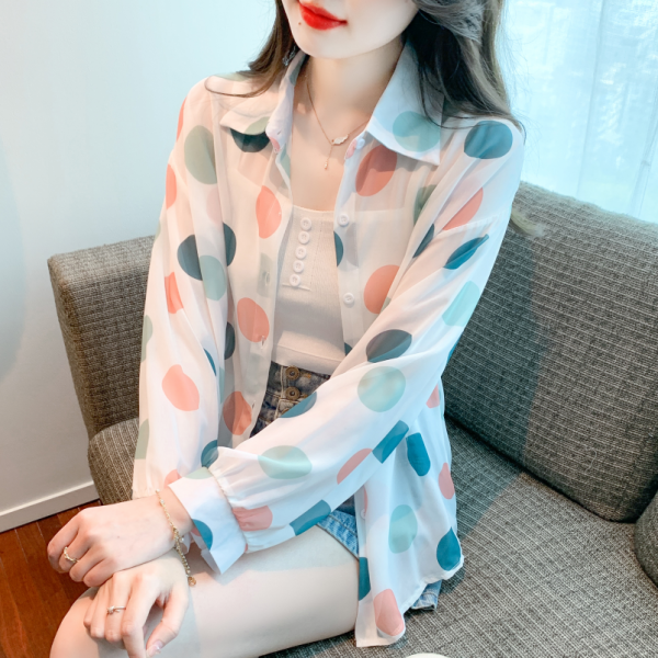 RM5249#夏季新款韩版宽松防晒衣气质衬衫防紫外线洋气波点开衫