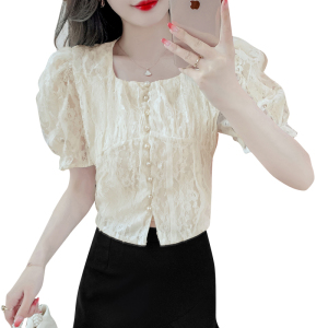 RM5608#新款韩版法式镂空方领泡泡袖衬衣2023夏季气质淑女风百搭上衣