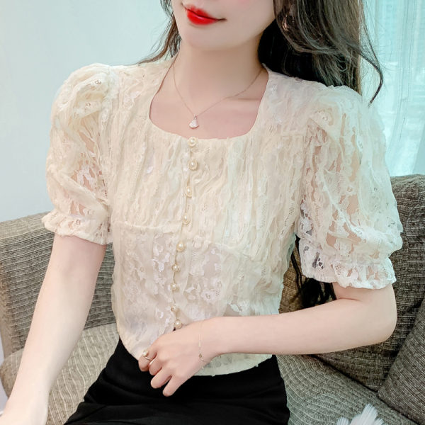 RM5608#新款韩版法式镂空方领泡泡袖衬衣2023夏季气质淑女风百搭上衣