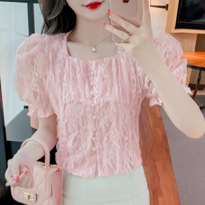 RM5608#新款韩版法式镂空方领泡泡袖衬衣2023夏季气质淑女风百搭上衣