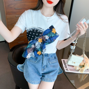 RM5250#夏季新款纯棉圆领套头T恤时尚拼接假两件正肩珍珠短袖