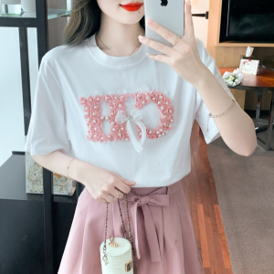 RM5251#夏季新款圆领纯棉套头T恤珍珠花朵蝴蝶结洋气短袖上衣