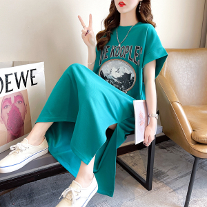 RM4993#抖音质量短袖t恤裙女夏开叉2023潮印花圆领新款上衣大码女装