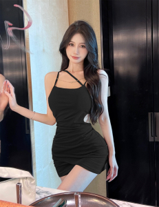 Strap Dress Women's High Level Feeling Cut-out chic Waist Pleated Wrapped Hip Skirt