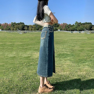 RM5764#高腰牛仔裙女春季2023新款设计感毛边宽松显瘦a字半身裙子