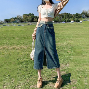 RM5764#高腰牛仔裙女春季2023新款设计感毛边宽松显瘦a字半身裙子