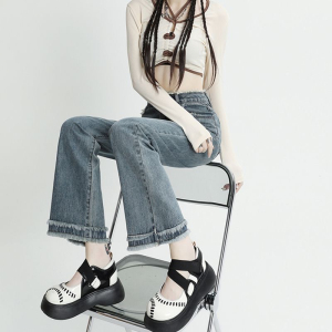RM5766#复古毛边牛仔裤女春季2023新款高腰直筒宽松显瘦阔腿拖地裤