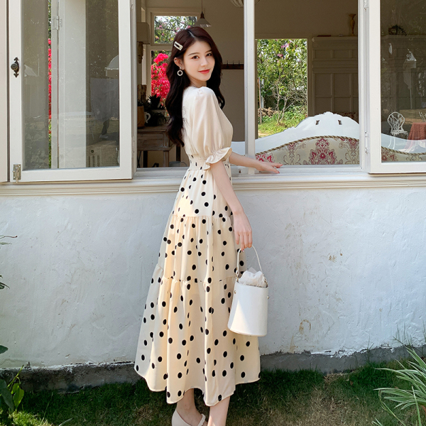 RM18956#夏季法式甜美V领雪纺连衣裙气质杏简约假两件韩版波点长裙