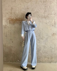 RM8990#小香风撞色领假两件西装外套+高腰阔腿裤 套装
