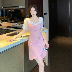 RM5256#夏季新款法式方领连衣裙收腰显瘦小个子气质裙子