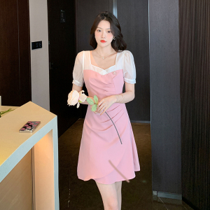 RM5256#夏季新款法式方领连衣裙收腰显瘦小个子气质裙子