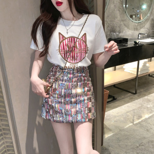 RM11485#时尚印花百搭T恤,重工彩色亮片钉珠个性撞色短裙