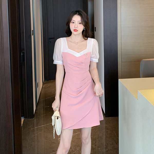 RM5256#夏季新款法式方领连衣裙收腰显瘦小个子气质裙子