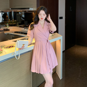 RM9470#夏季新款不规则系带百褶西装连衣裙韩版气质显瘦