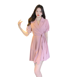 RM9470#夏季新款不规则系带百褶西装连衣裙韩版气质显瘦