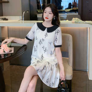 RM6246#娃娃领韩版宽松显瘦气质雪纺遮肉减龄夏季法式短袖连衣裙a字