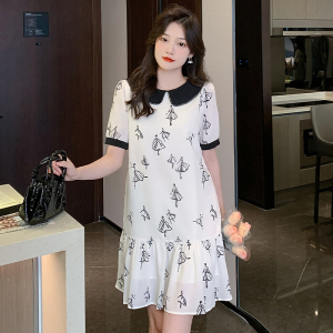 RM6246#娃娃领韩版宽松显瘦气质雪纺遮肉减龄夏季法式短袖连衣裙a字