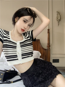RY1852#时髦撞色条纹修身针织开衫2023夏季韩系甜美性感方领显瘦上衣女潮