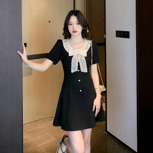 RM5362#夏季新款圆领甜美蕾丝蝴蝶结遮肉显瘦短款A字连衣裙