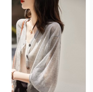 RM5403#法式薄款V领泡泡袖针织衫女春季时尚宽松显瘦小众休闲防晒衫上衣