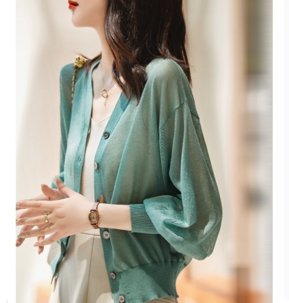 RM5403#法式薄款V领泡泡袖针织衫女春季时尚宽松显瘦小众休闲防晒衫上衣
