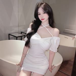 Off Shoulder Lace Pleated High Elasticity Cotton Tight Wrap Hip Slim Dress