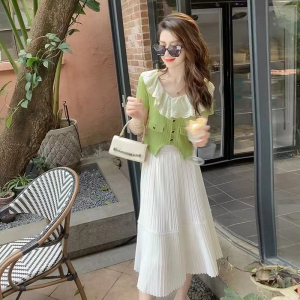 TR22015# 名媛小香风套装夏季新款小个子牛油果绿针织衫半身裙两件套女 服装批发女装服饰货源