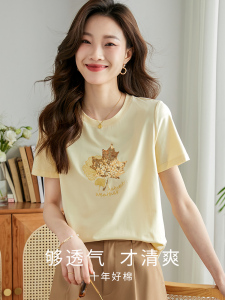 RM14548#枫叶珠片短袖T恤女2023夏装新款宽松显瘦圆领棉质半袖上衣